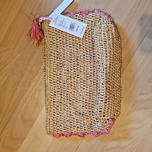 NWT Vineyard Vines Pom Trim Crochet Zip Pouch neon coral